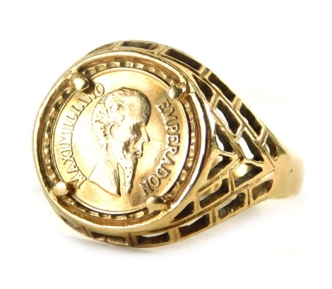 A Maximillano coin dated 1865, in a 9ct gold basket weave ring setting, size P, 2.9g all in.