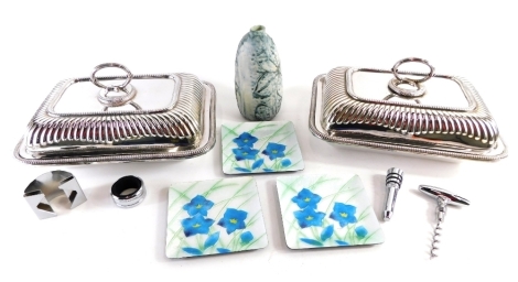 Various silver plated ware, etc., a pair of entree dish with ring handle and bead outline, 26cm long, a Carn pottery Penzance studio vase, a set of three enamel dishes and a corkscrew set.