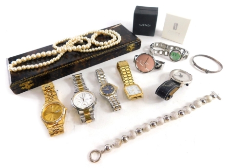 Various jewellery, watches, etc., various wristwatches, to include a Seiko quartz chronograph, with 3cm diameter dial, Citizen quartz, various other wristwatches, faux pearls, etc. (a quantity)