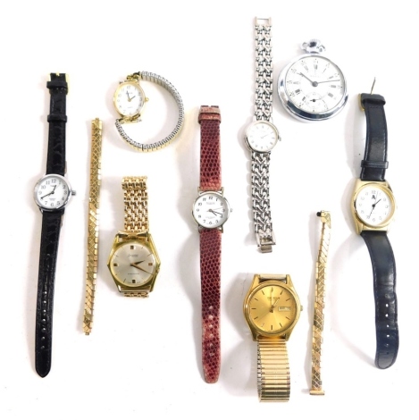 Various wristwatches, pocket watch, etc., to include a Seiko quartz, with 3cm diameter dial, with batons pointers and numerals with date aperture and elasticated bracelet, various other wristwatches, Aviatime pocket watch, other quartz watches, etc. (a qu