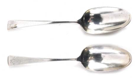 A pair of 18thC silver tablespoons, Old English pattern, London hallmarks, date marks rubbed, initialled MFR, 20cm long, 4.8oz. (2)