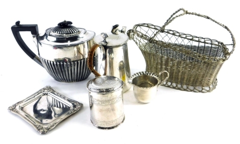 Various silver plated ware, a silver plate tea pot, with ebonised angular handle 16cm high, a Savoy Hotel marked silver plated dish, milk jug, coffee pot, and an Indian white metal jar and cover marked, etc. (a quantity)