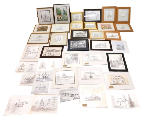 A large quantity of monochrome and polychrome watercolours, by Jennifer Critchlow, various subjects mainly buildings, North Lincolnshire, France, etc.