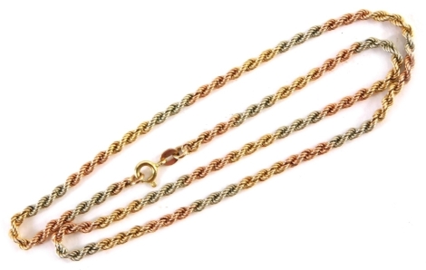 A tri-colour 9ct gold ropetwist necklace, stamped 375, 12.8g.