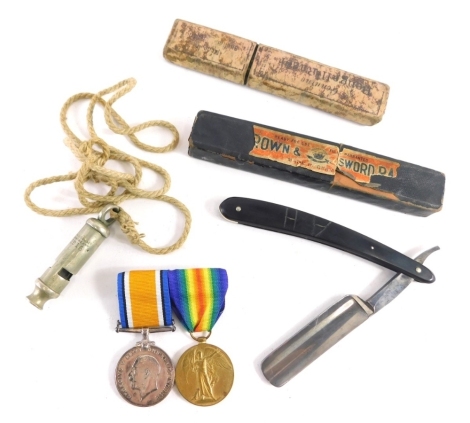 A World War I medal duo, comprising Campaign and Victory medals, each similarly marked 13753 PTE. J. E. HALL. 19-LOND.R, and associated whistle marked 1915, 7cm long, and two cut throat razors.