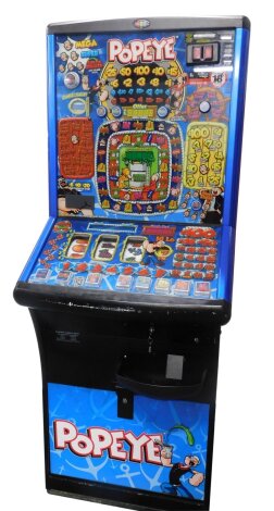 A Blueprint, Gaming Ltd, category C Popeye one armed bandit fruit machine, £100 jackpot, June 2016 number 2100005356, with key, 181cm high.