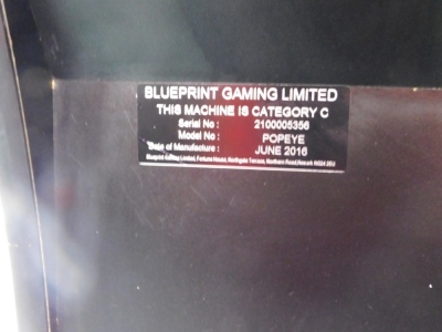 A Blueprint, Gaming Ltd, category C Popeye one armed bandit fruit machine, £100 jackpot, June 2016 number 2100005356, with key, 181cm high. - 2