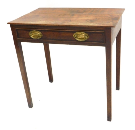 A 19thC oak side table, with frieze drawer, on square legs, 71cm high, 76cm wide, 46cm deep.