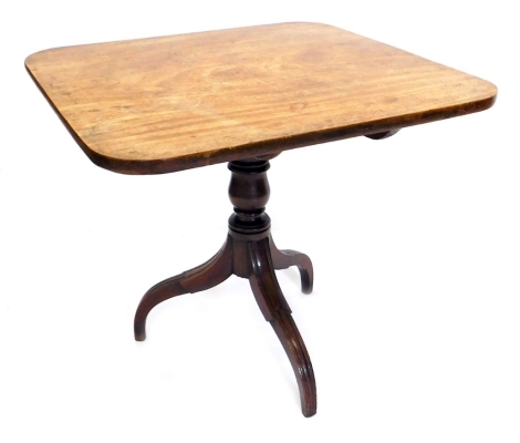 A 19thC mahogany tilt top occasional table, on turned stem terminating in scroll sabre legs, 77cm wide.