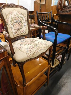 Various furniture, spindle back chair, Continental chair embroidered with figures and flowers to the back and seat, teak dinner wagon, stool, and a side table.