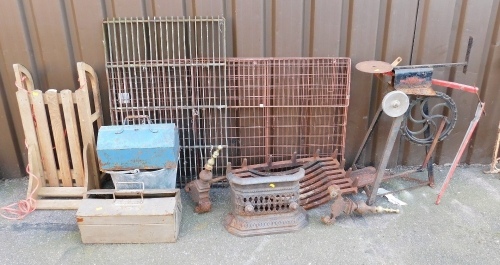 Various garden related items, toolboxes, galvanized metal mop bucket, child's toboggan, fire dogs, cast metal fire grate, etc. (a quantity)