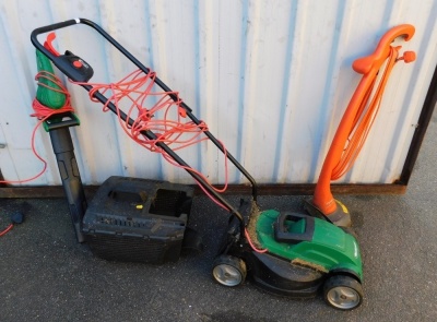 A Qualcast electric lawn mower, together with a Flymo electric strimmer, and a Garden Line electric hedge trimmer.