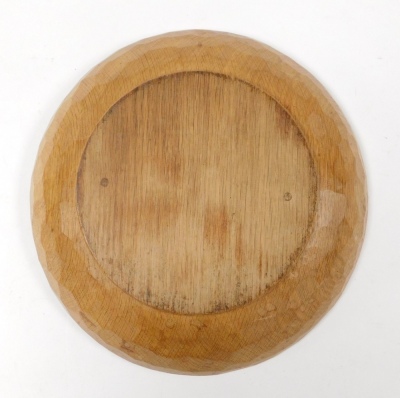 A Robert Mouseman Thompson of Kilburn oak circular bowl, with an adzed interior, carved with the signature mouse, 29cm wide. - 3