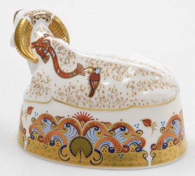 A Royal Crown Derby porcelain Water Buffalo paperweight, red printed marks and gold stopper, 12.5cm high, boxed. - 2