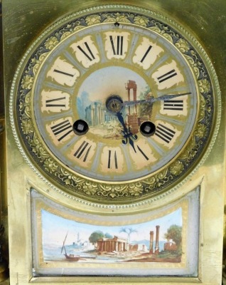 A late 19thC Continental brass mantel clock, circular silvered dial, painted with Roman ruins in the Forum, chapter ring bearing Roman numerals, eight day movement with bell strike, the case of architectural form, the top surmounted by flaming oil lamps a - 2