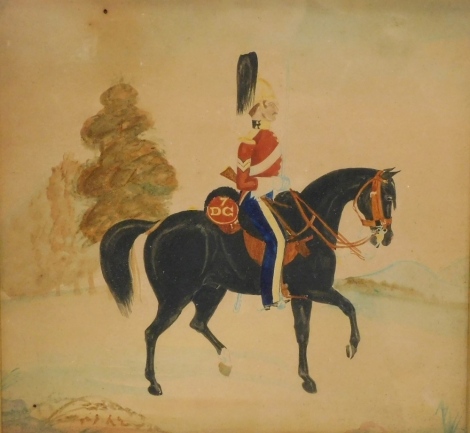 19thC English School. A Seventh Dragoon Guard, mounted on a black stallion, watercolour, in a burr walnut frame, 18cm x 19.5cm.