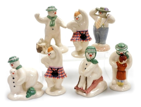 Seven Royal Doulton The Snowman gift collection figures, comprising The Snowman Snowballing, DS22, Thank You Snowman, DS4, Building The Snowman, DS23, The Snowman Tobogganing, DS20, Stylish Snowman, DS3, and two Highland Snowman figures, DS7.