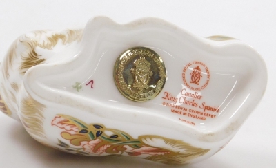 A Royal Crown Derby porcelain Cavalier King James Spaniel paperweight, red printed marks and gold stopper, 11cm high, boxed. - 3