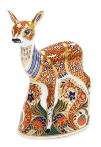 A Royal Crown Derby porcelain Fawn paperweight, an exclusive for the Royal Crown Derby Collectors Guild, red printed marks and gold stopper, 13.5cm high.