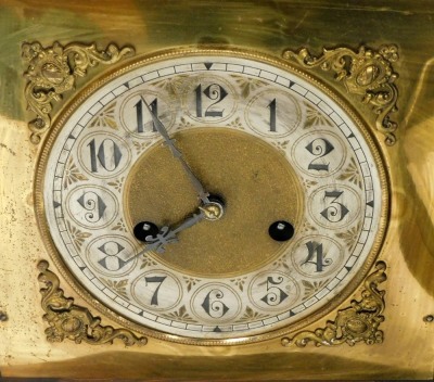 A late 19thC mahogany cased mantel clock, the brass Arabic numeral face with silvered chapter ring, foliate spandrels and eight day movement, the case of ornate form, with turned finials, stepped roof top, turned columns on a stepped base, with key and pe - 2