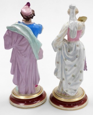 A pair of late 19thC Continental porcelain figures, modelled as a male and female in sixteenth century court dress, gilt heightened, unmarked, 34cm high. - 2