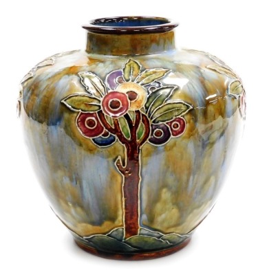 A late 19thC Royal Doulton stoneware vase, of cylindrical tapering form with a raised collar, tube line decorated with flowering trees against a mottled brown and blue ground, model number 8704, impressed marks, 23cm high.