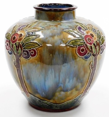 A late 19thC Royal Doulton stoneware vase, of cylindrical tapering form with a raised collar, tube line decorated with flowering trees against a mottled brown and blue ground, model number 8704, impressed marks, 23cm high. - 2