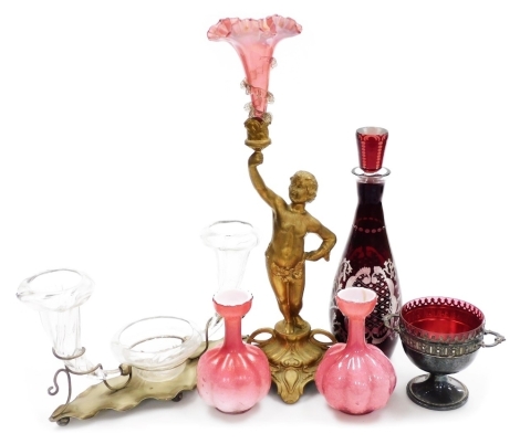 A group of collectables, to include a gilt metal single epergne, modelled as a classical boy on an ornate base holding a lilac and pink glass shade, 50cm high, a Bohemian ruby flash decanter and stopper, 33cm high, a steel and blown glass epergne or centr