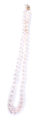 A cultured pearl single strand necklace, on knotted string with a 9ct gold ball clasp, 46cm long, 37.5g all in.