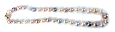 A single strand of freshwater cultured pearls, with ranging lustre colours, from white peach, pale pink to dark pink, on a 9ct gold ball clasp, on knotted string strand, 45cm long, 8g all in.