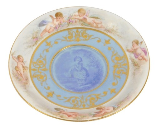 A mid 19thC Sevres porcelain plate painted by Leclerc, signed, with a girl carrying a basket in a rural setting, against a bleu celeste ground, gilt heightened, within a border painted with cherubs and garlands of flowers, printed mark and Palais-Royal-Pa