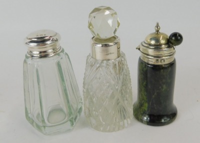 Three items of George V silver ware, comprising a scent bottle and stopper, with rubbed hallmarks, a green serpentine mustard pot with spoon, and a dressing table jar, London 1920. (3) - 2