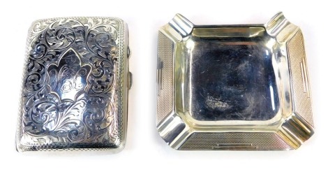 Two items of silverware, comprising an Edward VII silver cigarette case, with heavy foliate scroll decoration and central shield, bearing initials JEH, Birmingham 1908, and a George VI silver ashtray, with engine turned decoration, Birmingham 1937, 3.29oz