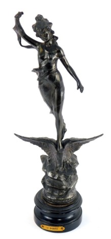 A late 19thC spelter figure group modelled as La Danse, showing a maiden atop an eagle, raised on a socle base with name plate, 45.5cm high.