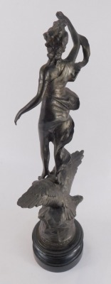 A late 19thC spelter figure group modelled as La Danse, showing a maiden atop an eagle, raised on a socle base with name plate, 45.5cm high. - 2