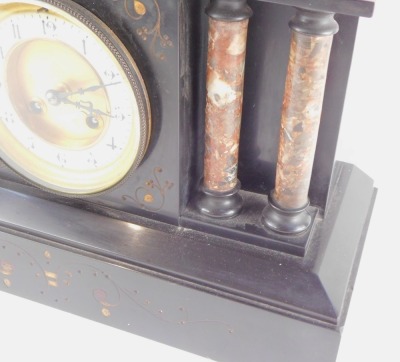 A late 19thC French slate mantel clock, circular brass dial with enamel chapter ring bearing Arabic numerals, Japy Freres and Cie eight day movement with coil strike, the case of architectural form, raised on four marble columns over a plinth base, with p - 2