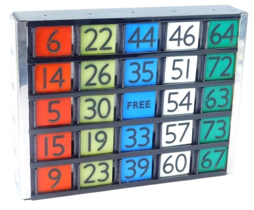 A vintage mid century flip bingo game in a rectangular Perspex casing, 20cm high, 26cm wide.