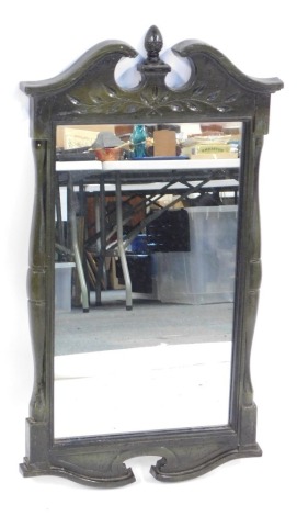 A late 20thC Baumritter Corporation green finish wall mirror, dated 1966, with a moulded cornice top and acorn finial, with rectangular mirror plate, 69cm x 39cm.