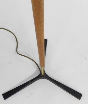 A 1960's teak and brass standard lamp, with an oatmeal coloured shade, raised on a cast iron tripod base, 156cm high. Keyword searches: Svend Aage Holm-Sorensen. - 3