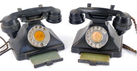 A pair of GPO black Bakelite telephones, I232LFWR59/2, and the other unmarked.