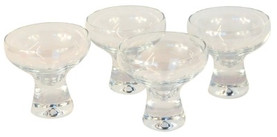 Four Dartington Crystal glass champagne coupes or sundae dishes, etched mark.