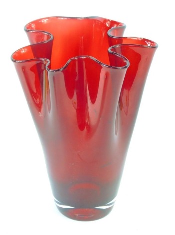 A Continental mid century ruby glass handkerchief vase, of ruffled form, 24cm high.