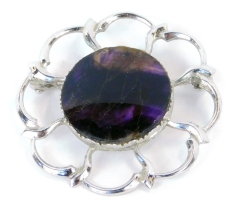 A silver and Blue John brooch of circular rose shaped form, stamped 'STERLING SILVER', 4cm diameter.