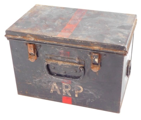 A World War II ARP tin box, 21cm high, 30cm wide, 19cm deep.