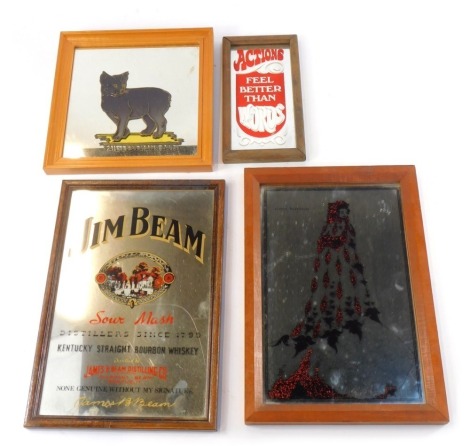 A Jim Beam Kentucky Straight Bourbon Whiskey advertising wall mirror, 33cm x 23cm, mirror decorated with a lady After Aubrey Beardsley, 33.5cm x 23cm, a glass mirror decorated with a Tail-Less Manx cat, 33.5cm x 23.5cm, and a further mirror decorated Acti