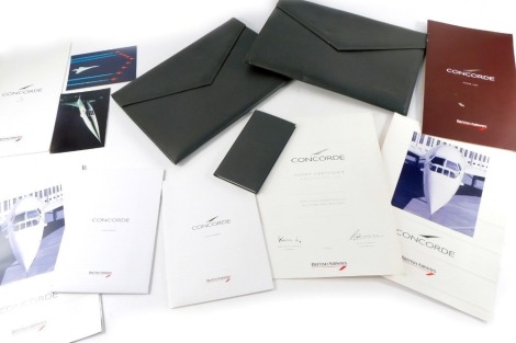 British Airways Concorde memorabilia, comprising a brochure, wine list, menu, stationery, postcard and a flight certificate, in an attaché case, together with a brochure, stationery, certificate, in a further attaché case.