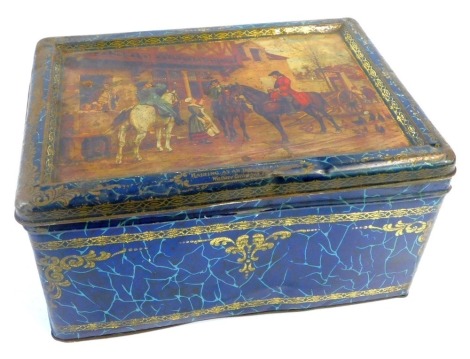 An early 20thC Bluebird Luxury Assortment toffee tin, printed to the lid with 'Halting at an Inn' After I.L.E. Meissonier, in the Wallace Collection, 23cm high, 27cm wide, 20cm deep.