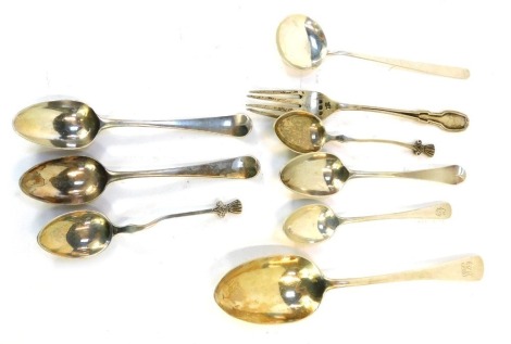 A group of silver cutlery, comprising silver tablespoon, six various silver teaspoons, pickle fork, and a rounded spoon, 4.85oz.