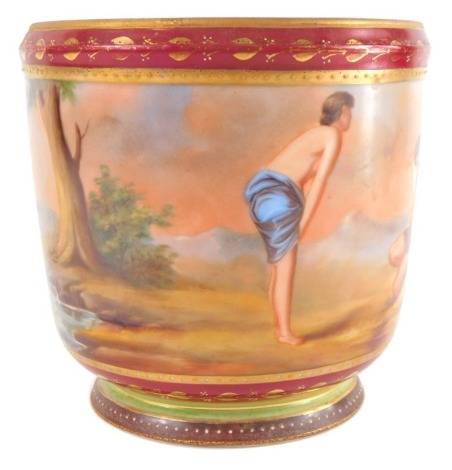 A late 19thC Bohemian porcelain jardiniere, the central band painted with Pan, Venus, and other mythological figures, against a burgundy ground decorated with repeating banded leaves, gilt heightened, bears Vienna porcelain mark to base, 18.5cm high.