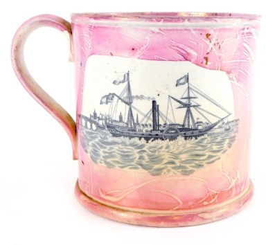 A late 19thC Sunderland pink lustre mug, reserve printed with a